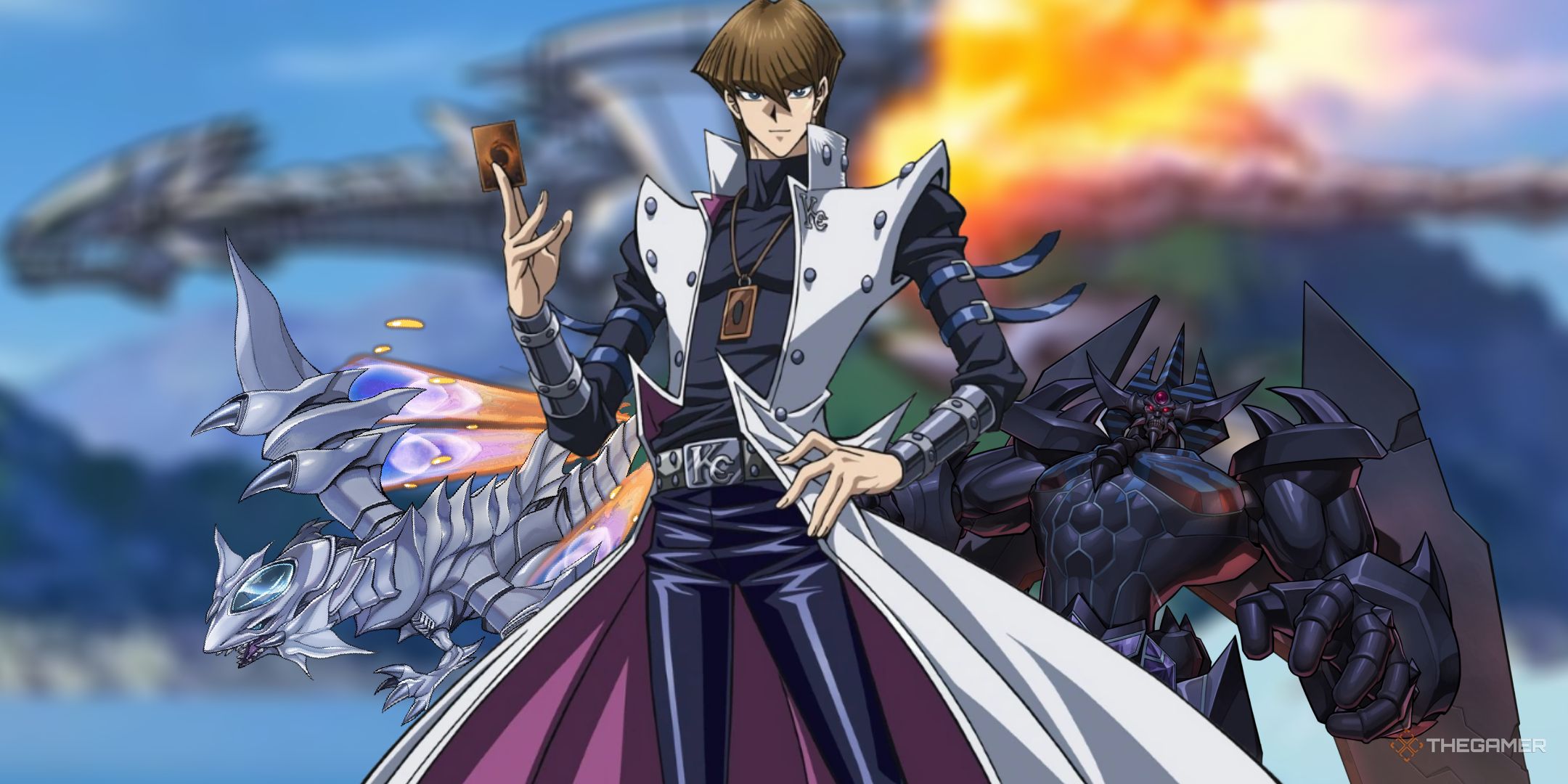 seto kaiba standing in front of a blue eyes white dragon jet and obelisk from yu gi oh - Death Note Store